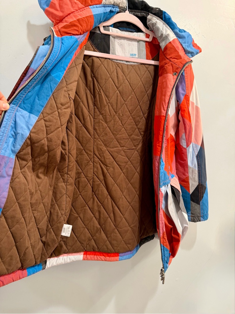 Midii Geometric Multi-Color Hooded Parka Jacket Faux Fur Trim Blue Orange Size M - Picture 8 of 16